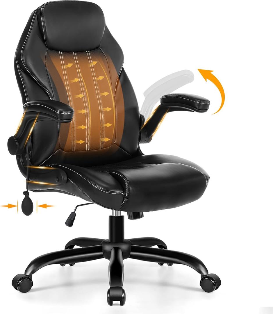 Ylzyxal Office Desk Chair, Ergonomic Computer Chair with Padded Flip-Up Arms and Adjustable Lumbar Support, PU Leather Executive Chair with Tilt Lock and 360 Swivel Rolling Wheels for Work, Study