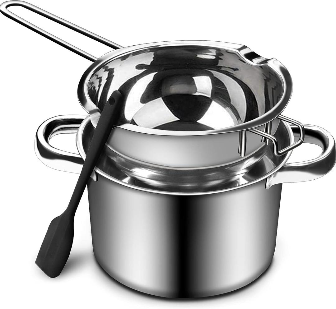 1QT Double Boiler Chocolate & Candy Melting Pot - 304 Stainless Steel, Soap, Wax - Silicone Spatula Included (1000ml+2200ml)