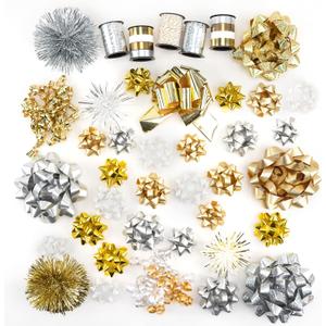WRAPAHOLIC 40 Pcs Gift Bows Assortment - 28 Assorted Size Gift Bows(Gold&Silver&White), 1 Pull Bow, 2 Tinsel Bows, 2 Fountain Bows, 2 Curly Bows, 4 Curling Ribbons, 1 Cotton Twine (Gold Set 40 Pcs)