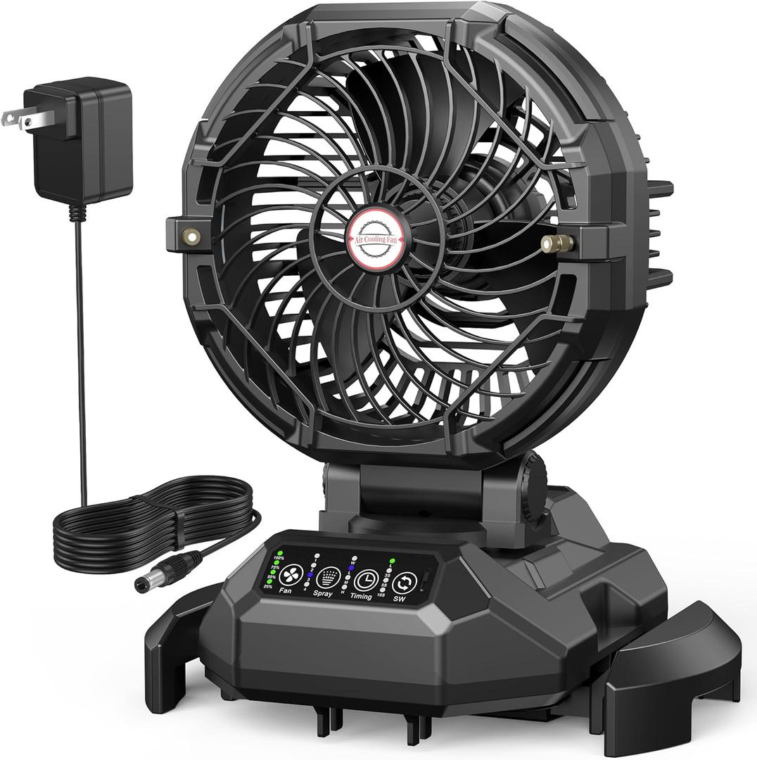 Portable Misting Fan, 4 Powerful Speed & 4 Spray Modes, 30000mAh Battery Powered, Remote Control, Auto Oscillation with Adjustable Base fit for 10-13 inch Bucket for Outdoor Camping Beach Travel (Black)