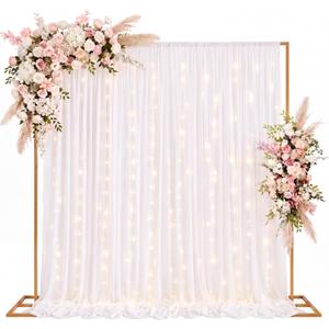 Fumete 8 x 8 ft Gold Backdrop Stand with Beige Drape and LED Kit, 5 x 10ft