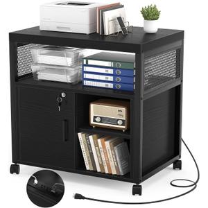 Unikito Lateral File Cabinet, Locking Office Filing Cabinets with Socket and USB Charging Port, Modern Rolling Printer Stand with Storage for A4, Letter Size and File Folders, Black