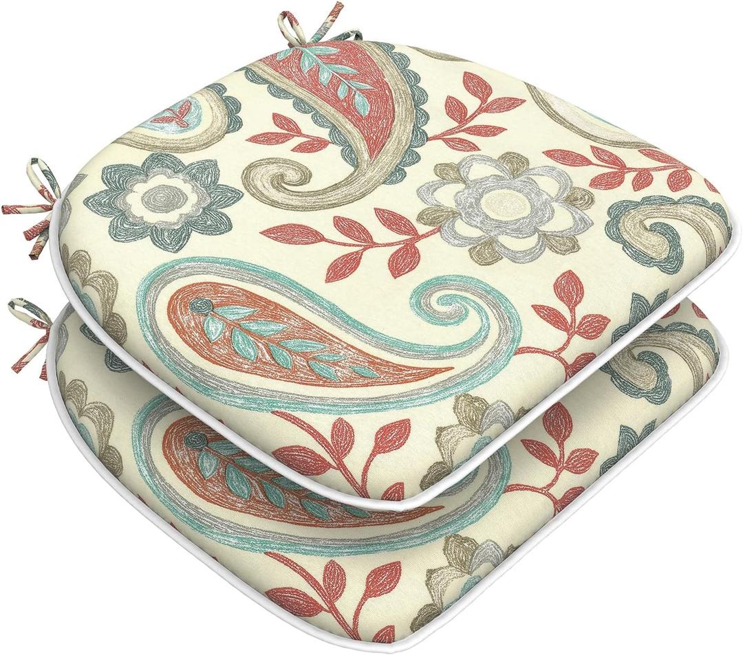 DYTXIII Set of 2 Outdoor Chair Cushions with Ties, Water Repellent Patio Chair Pads 17"x 16" for Outdoor Furniture, Round Corner Seat Cushions for Garden Yard Kitchen Paisley Vintage