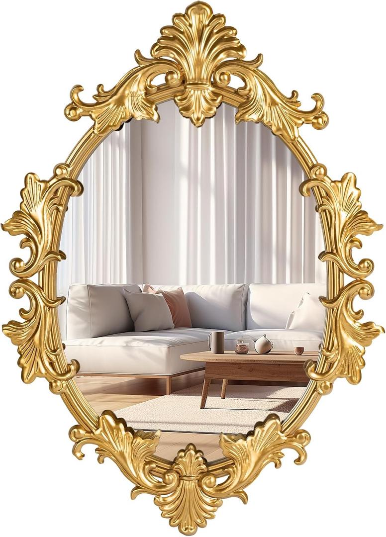 Gold Oval Wall Mirror, 19"x27" Vintage Decorative Baroque Hanging Mirrors for Bedroom, Living Room Dresser Decor, Entryway
