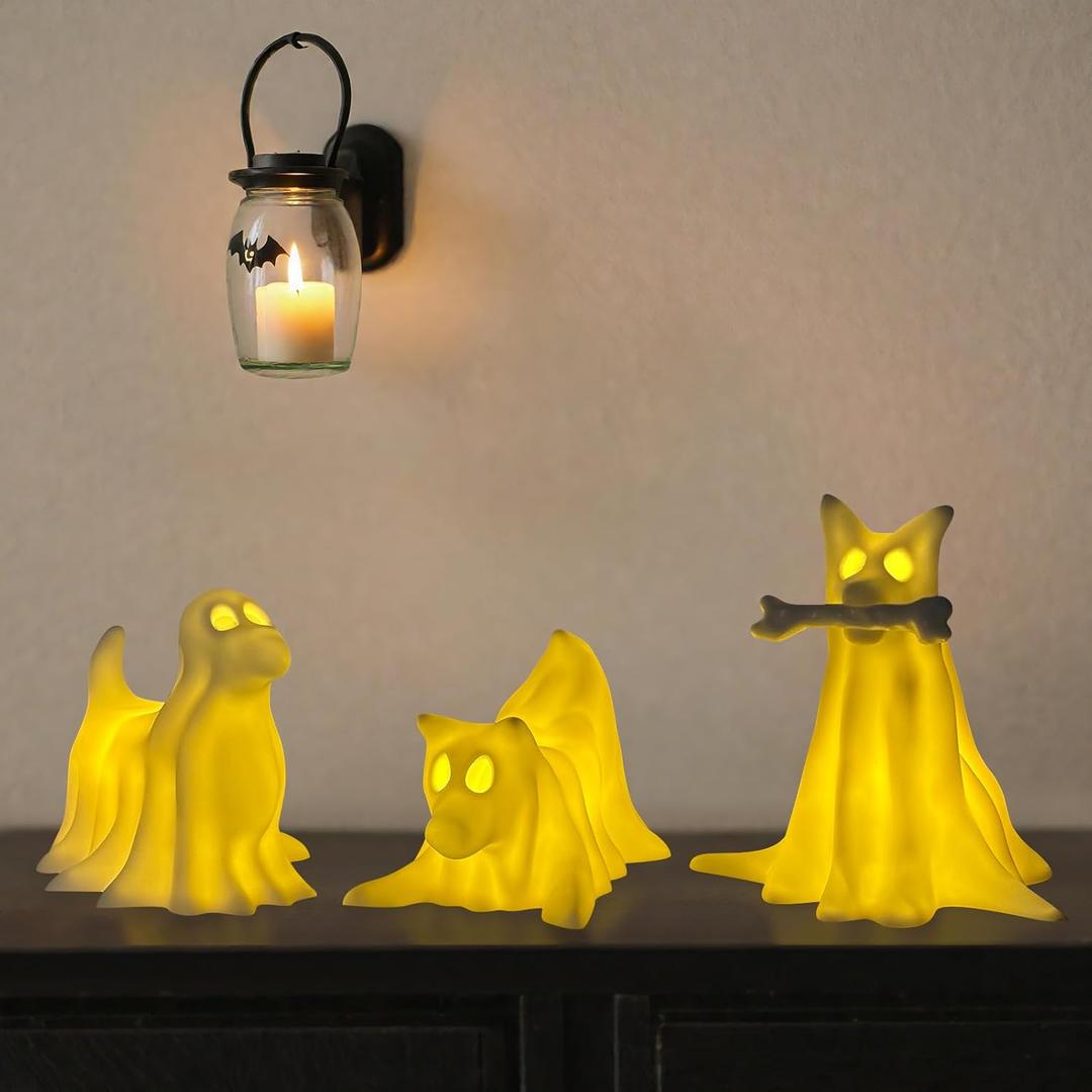 Halloween Decor Indoor, Set of 3 Draped Ghost Dog Figurines, Light-Up Halloween Decorations, Ghost Decor for Home Party Display