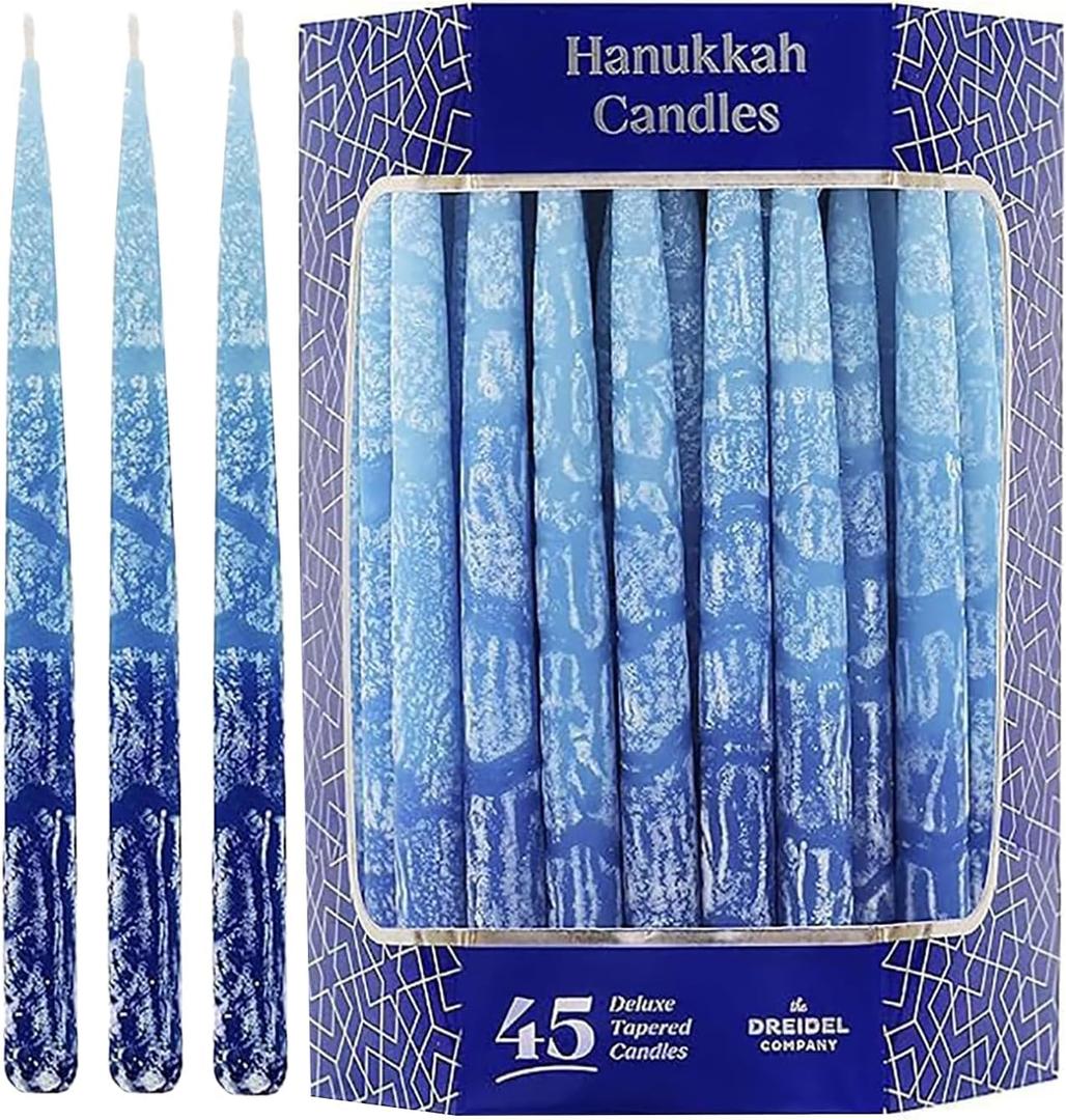 The Dreidel Company Hanukkah Candles Dripless Multi Blue Hued Frosted Deluxe Tapered Candles 1-Hour Burn Time Odorless 45 Candles for All Eight Nights of Hanukkah