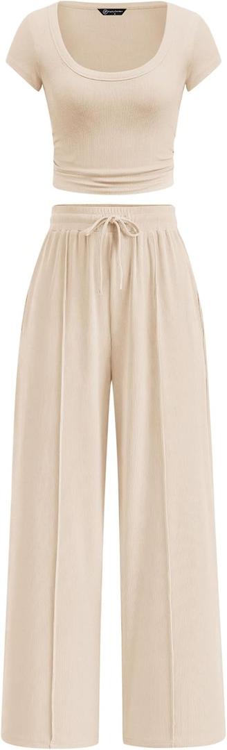 PRETTYGARDEN Women's Summer 2 Piece Matching Lounge Sets Short Sleeve Crop Tops Wide Leg Pants 2026 Airport Travel Outfits, M