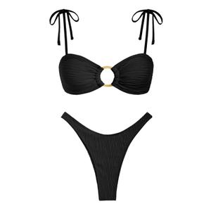ZAFUL Women's Bandeau Bikini Tie Shoulder O Ring Cheeky Swimsuit (Black, XL)