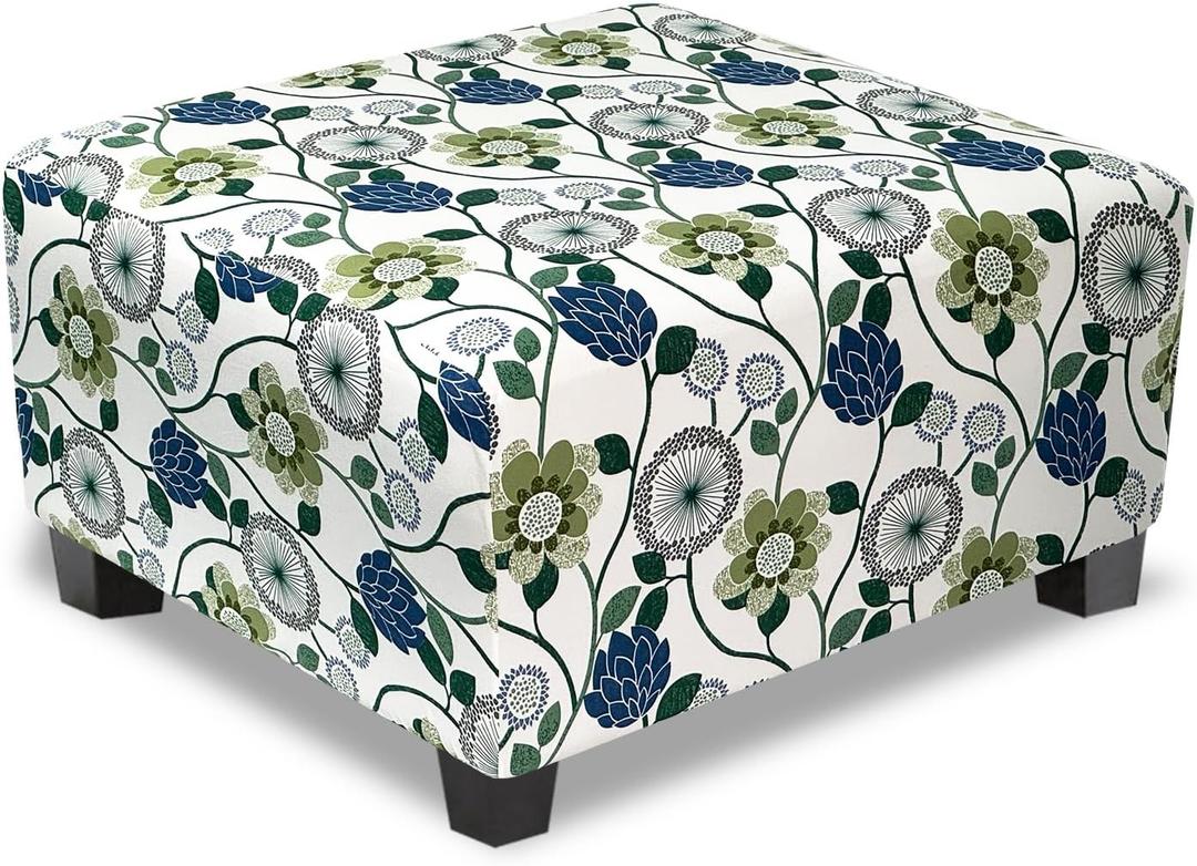 Ottoman Cover Square Slipcovers Printed,Stretch Footrest Stool Cover for Ottoman Square,Soft Foot Stool Cover Protector with Nonslip Elastic Bottom (Large,Flower C)