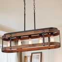 Rustic Farmhouse Wood Kitchen Island Lighting, 5 Lights Rectangular Pendant Light Fixture, Adjustable Rods Oak Wood and Metal Linear Chandelier for Kitchen Island Farmhouse Dining Room, Black, Large 5 lights