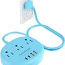 Blue Extension Cord with Surge Protected 1080J - 5 FT Flat Extension Cord, 1625W Cute Extension Cord with 3 AC Outlet 4 USB (24W/4.8A), Compact for Cute Blue Kawaii Desk Accessories