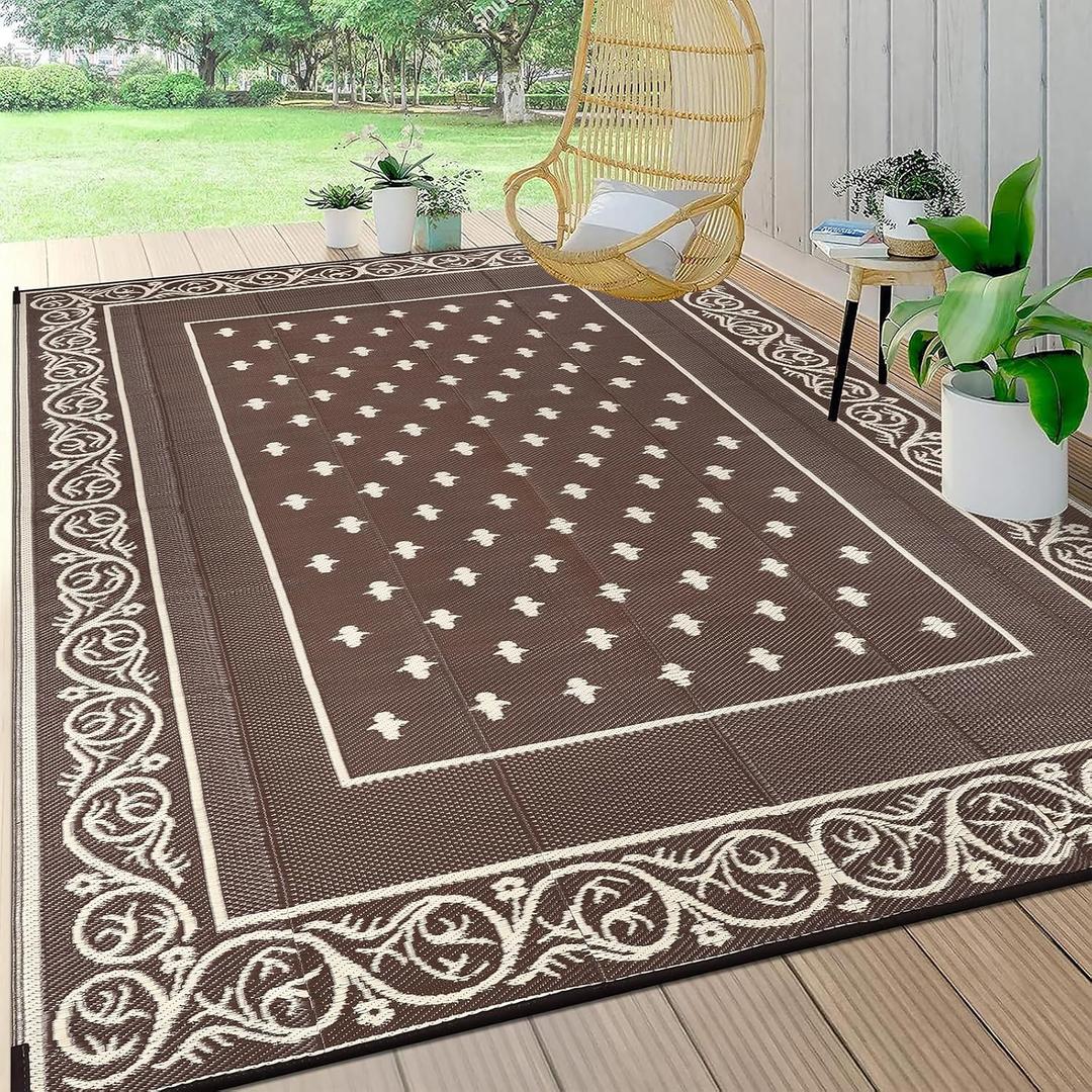 Pauwer Waterproof Outdoor Rug 8x10, Plastic Straw Patio Rug, Bordered Brown