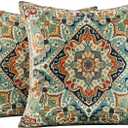 Boho Soft Velvet Throw Pillow Covers 22x22 in Vintage Moroccan Rug Tribal Pattern Pillowcases, Antique Ethnic Decor, Geometric Pattern Cushion Cover for Sofa Living Room, Blue, 2 Pack
