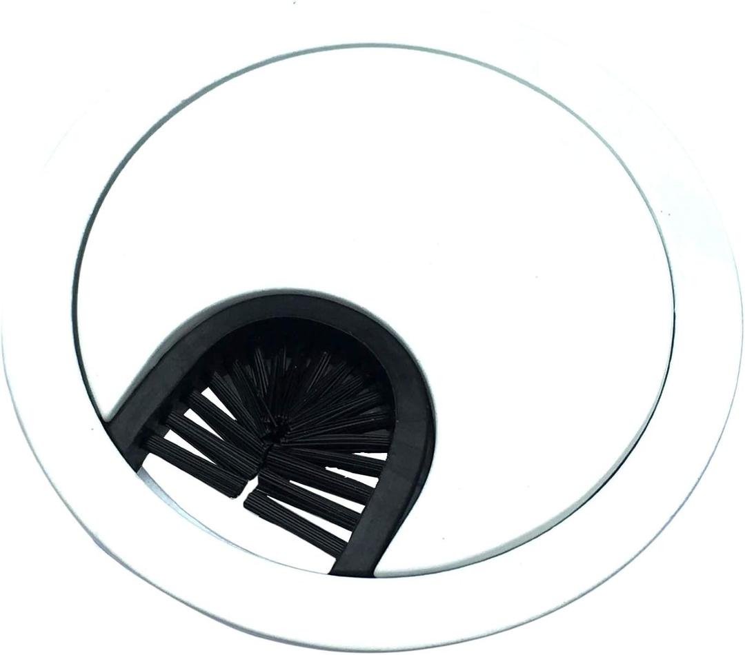 Gloss White Metal Cable Grommet | 2 Piece "Lock in" Feature with "Brush" Opening for Management of Office & Computer Desk Wires | 60mm (2 3/8") Hole Opening | 5 Pack