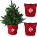2 Pcs Christmas Galvanized Planter Buckets Snowflake Red Metal Buckets Pot, 6" Height 6" Diameter, Winter Tin Bucket for Party Xmas Centerpiece Home Table Garden Outside Decoration
