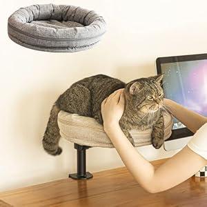 ZBUQ Cat Desk Bed for Cat, Desk Mounted Pet Mat x2 Removable and Washable, 360 Rotation & Adjustable Height Cats Up to 40 lbs