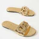 OYOANGLE Women's Gold Chain Crocodile Embossed Sandals Dressy Metallic Flats Open Toe Slides (Gold, 11.5)