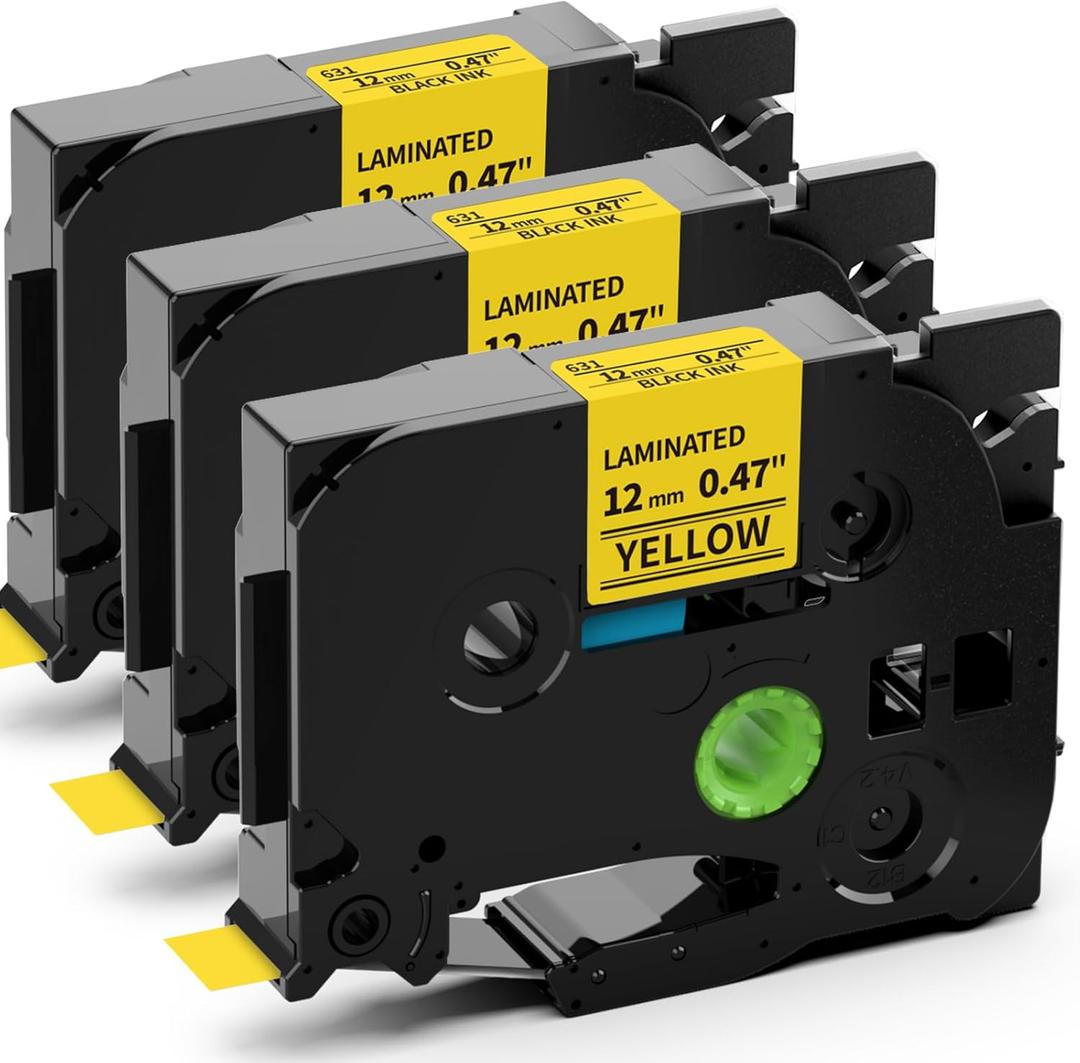 Label KINGDOM TZe-631 Yellow Label Tape Compatible with Brother P Touch Label Tape TZe631 TZe TZ Tape 12mm 0.47 Laminated Yellow Label Maker Tape 1/2" Use for Brother PTH110 PT-D200 PT-D210, 3-Pack (Black on Yellow)