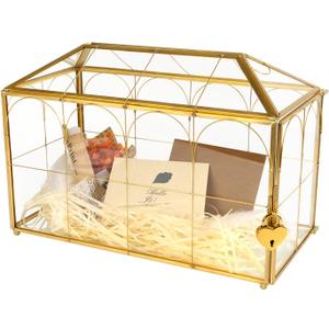Wedding Glass Cards Box with Slot - 12.6 x 5.9 x 9 inch, Envelope Card for Birthday Party Reception Box, Home Tabletop Decor Clear Gold Terrarium with Lock Glass Terrarium