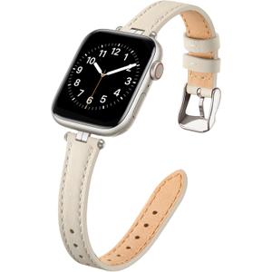 STIROLL Thin Leather Band Compatible with Apple Watch Bands 41mm 40mm 38mm 42mm(Series 11 10) Women, Stylish Top-Grain Leather Strap Slim Wristband for iWatch SE3/2/1 Series 9 8 7 6 5 4 3 2 1, Ivory White/Starlight