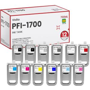 PFI-1700 Pigment Ink Tank 700ml with New Chip Replacement for Canon PFI-1700 Ink for imagePROGRAF PRO 2000 4000 4000S 6000 6000S Large-Format Printer, 12-Pack (MBK/PBK/C/M/Y/R/GY/B/PGY/PC/PM/CO)