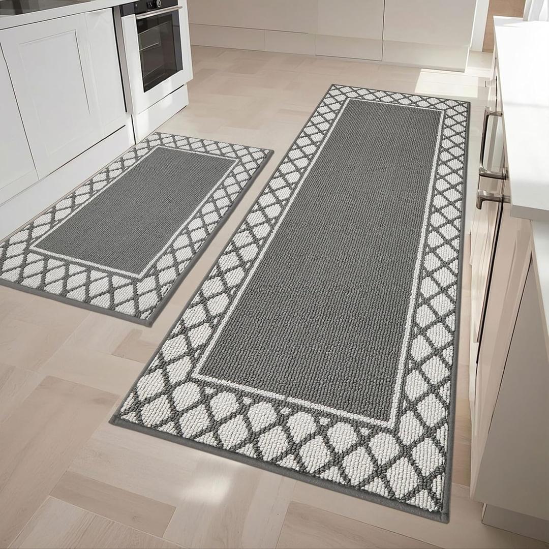 COSY HOMEER Kitchen Rugs Non Slip Washable Kitchen Mats for Floor Absorbent Kitchen Rugs Sets of 2 Kitchen Runner Rugs for Kitchen Carpet Sink Laundry Area Rugs,Grey,24" x 35"+24" x 60"