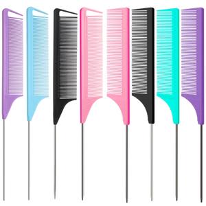 8pcs Rat Tail Combs Set,Long Steel Pin Teasing Combs for Salon Hair Stylists,2 styles and multiple colorsb of Metal Parting Combs for Women,Hair Teasing Fine Tooth Comb Aigee