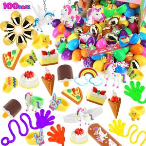 [ 6 Surprise Golden Eggs ] 100 Pack Prefilled Easter Eggs with Assorted Toys Inside, 100 Plastic Easter Eggs Fillers with Fidget Toys, Easter Basket Stuffers Easter Party Favors for Kids Boys Girls
