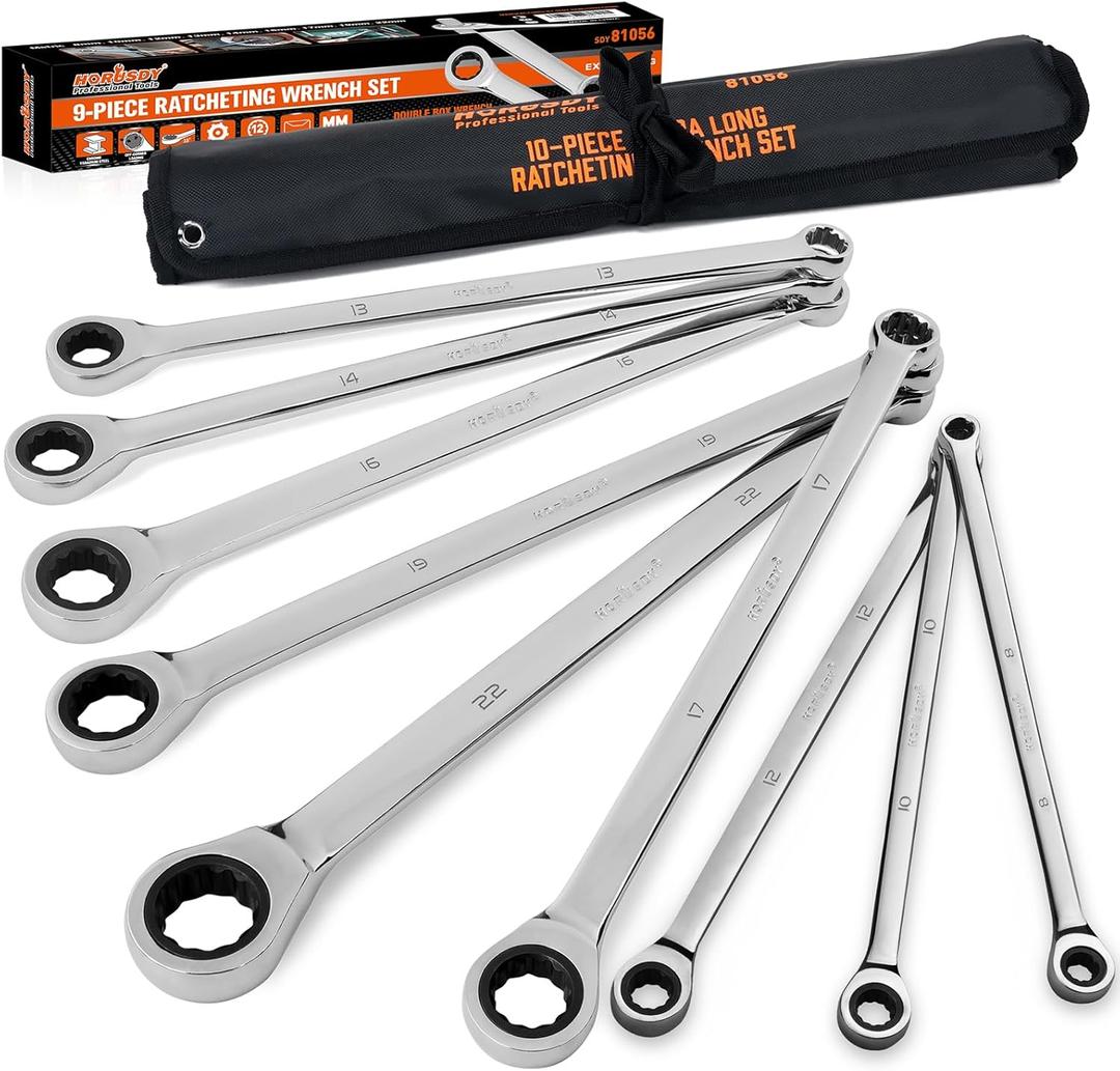 HORUSDY 9-Piece Extra Long Ratcheting Wrench Set, Double Box End Wrench Set with Tool Bag & Box, Metric 8-22mm, CR-V Steel
