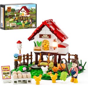 FUNWHOLE Farm Hen-House Lighting Building-Bricks Set - Farm Life Chicken Henhouse and Animal Collection LED Light Construction Building Model Set 323 Pcs for Adults and Teen