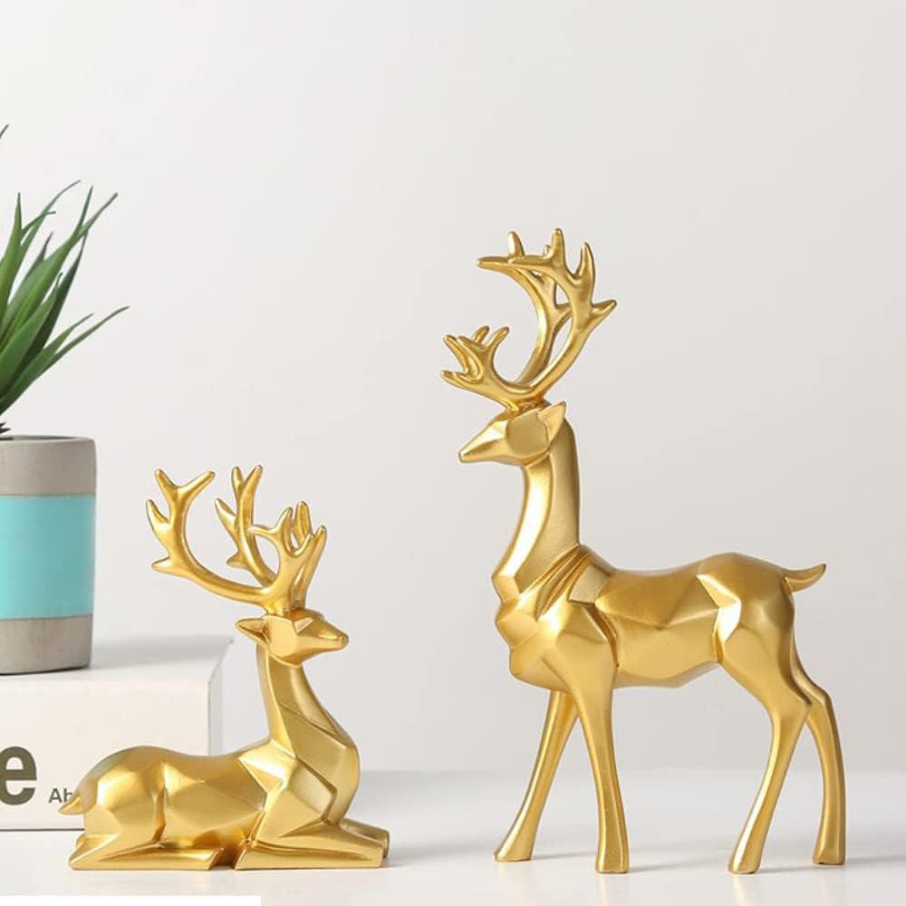 2pcs 3D Geometric Elk Resin Statue, Seated and Standing Elegant Lucky Deer, Luxurious Simple Style Ideas, Suitable for Living Room, Wine Cabinet, Display Stand, Bedroom, Office Desktop