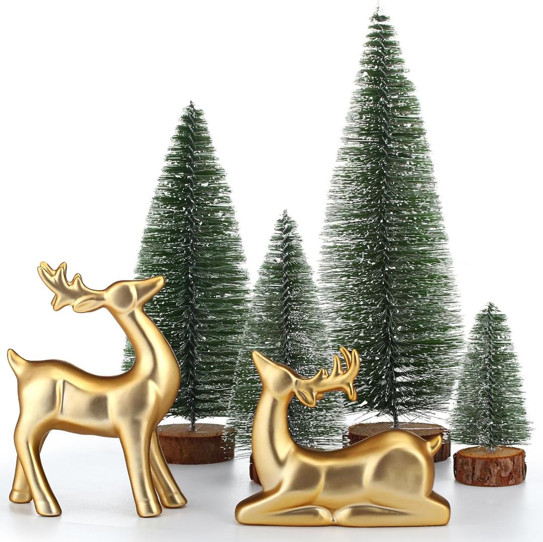 Wesiti 2 Pcs Ceramic Christmas Reindeer Figurines 4 Pcs Mini Christmas Pine Tree Reindeer Decor Deer Statue Sculpture Tabletop Ornaments for Home Mantel Shelves Decor (Gold)