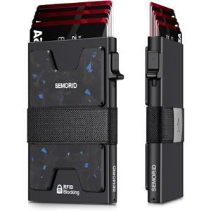 Minimalist Wallet for Men, Slim RFID Blocking Mens Wallet, Aluminum Pop Up Card Case, Thin Metal Credit Card Holder with Cash Strap -12 Cards Storage (Black + Blue)