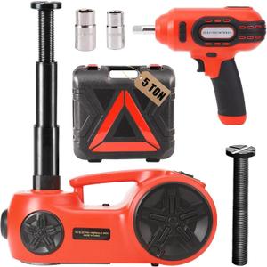 ROGTZ Upgraded Electric Hydraulic Car Jack Kit 5 Ton 12V Portable Lift Range 20.9 Inch with Impact Wrench and Tire Inflator Pump for SUV Sedan Truck Repair Floor Jack for Tire Change with LED Light (Red)