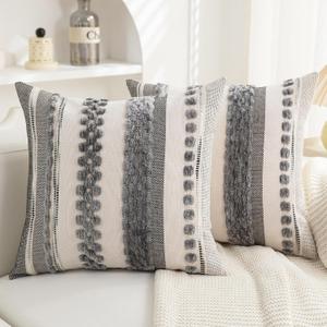 Boho Throw Pillow Covers 18x18 Set of 2 for Couch-Modern Farmhouse Sofa Decorative Grey Throw Pillows Covers Textured Chenille Cushion Covers Outdoor Netural Bohemian Pillow Cases Square (Gray Stripe)