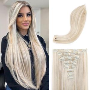 REECHO Hair Extensions, 11PCS Clip in Hair Extensions 24" Long Straight hair extensions HE005 Natural Soft Synthetic Hairpieces for Women Ash Blonde with Highlights