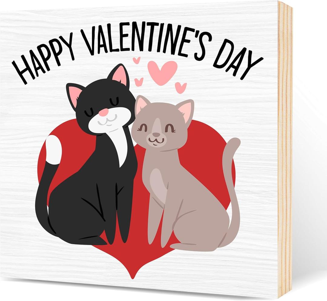 Valentines Decorations - Cats Love Wooden Box for Cat Lovers, Valentine Decor for Home Office Table Wall Hanging-Happy Valentine A10