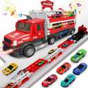 Carrier Truck Race Track Kids Toys, 4.6-FT Foldable Hauler Track Ejection Car Police Trucks Toy and 6 Racing Car with Light&Sounds, Truck Toy Child Xmas Gifts for 3+ Year Old Boys Girls-Red