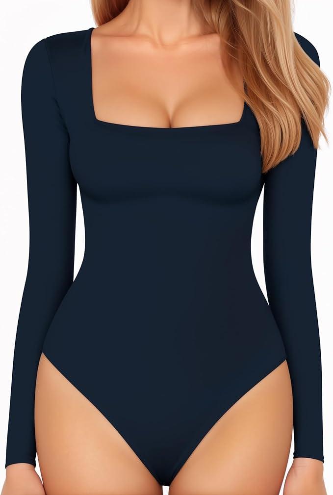 MANGOPOP Women's Square Neck Long Sleeve Short Sleeve Bodysuit Slim Fitted Shirt Tops,  Large