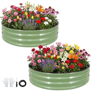 Galvanized Raised Garden Bed Outdoor 2Pcs | 4x4x1ft Metal Raised Beds for Gardening with Safety Rubber Strip | Round Planter Box for Plants Like Vegetables Fruits Flowers, Olive Green