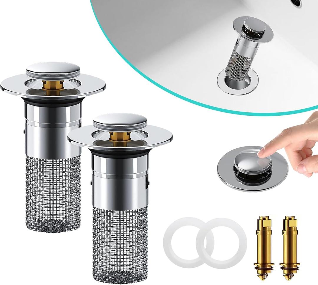 Pop Up Bathroom Sink Drain Strainer Hair Catcher for 1.34-1.57in, Kitchen Sink Drain Stopper with Removable Stainless Steel Filter Basket Hair Catcher, for US Bathroom Sink Stopper Replacement(2Pcs)