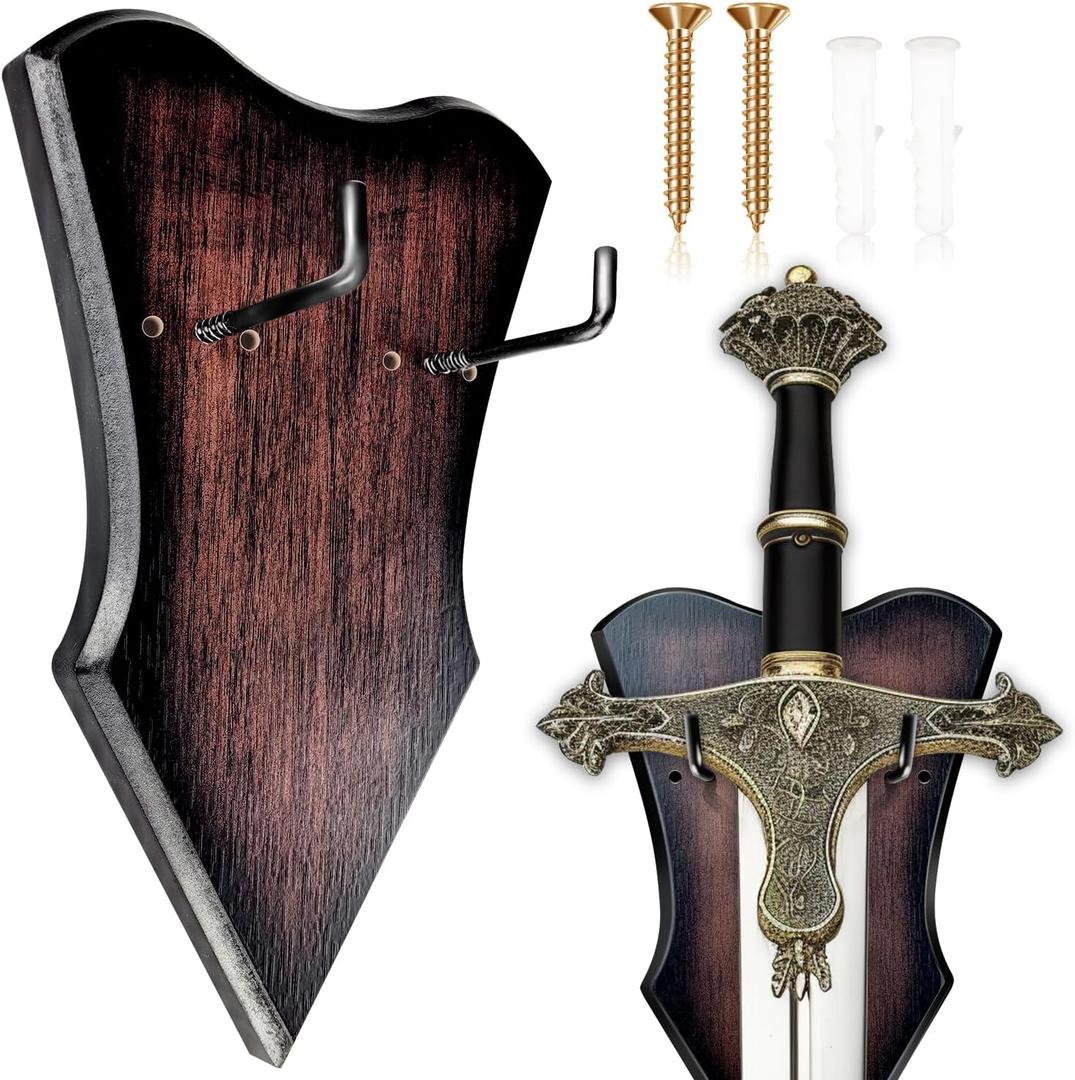 Sword Plaque Wall Mount Vertical Display Holder Adjustable Stand for Bow Medieval Dagger Axe (1pcs Medium Brown)