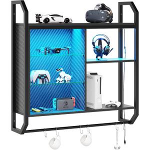 Bestier LED Gaming Floating Shelves, 34" Wall Mounted Shelf Pipe Shelves Hanging Display Rack Bookshelf with 6 S-Hook, Gaming Room Decor Wine Coffee Bar, Black Carbon Fiber