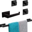 5 Pieces Self Adhesive Bathroom Hardware Set-SUS304 Stainless Steel-Towel Rack Set Include 24Towel Bar+Toilet Paper Holder+3 Towel/Robe Hooks Bathroom Accessory Towel Bar Set (Black, 24 in)
