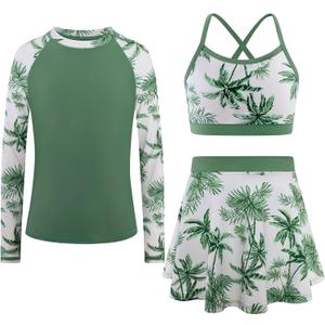 Girls Swimsuit Long Sleeve Swim Shirt 3 Piece Rash Guard for Girls Bathing Suit with Boyshorts (5-6 Years, White Palm)