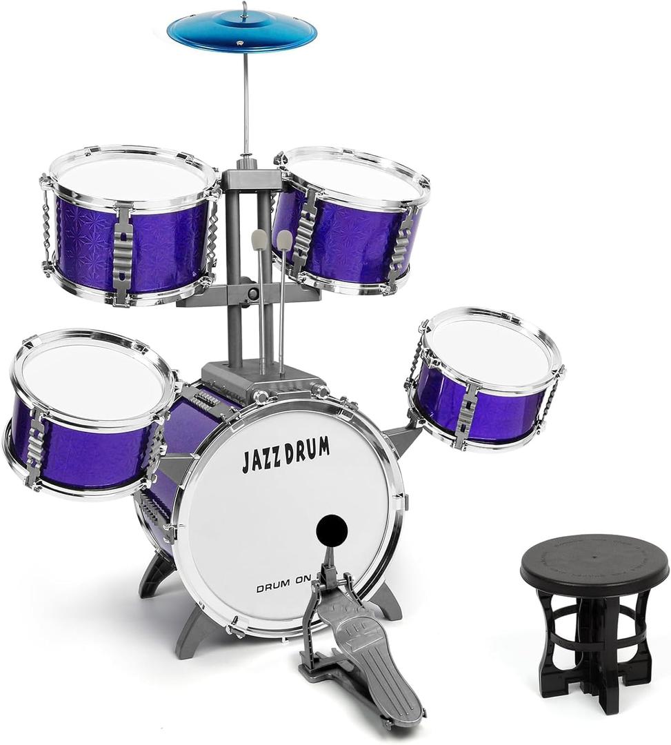 M SANMERSEN Kids Toys Jazz Drum Set - Upgraded Rock Drum Kit with Stool Musical Instruments Educational Birthday Christmas Toys Gifts for Toddlers Child Boys Girls Aged 3 4 5 6 7 8 Year Old (Dark Blue)
