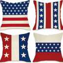 Fahrendom 4th of July Patriotic Decorative Throw Pillow Covers 18 x 18 Set of 4, America USA Red White Blue Stripes Stars Porch Outdoor Pillowcase, American Independence Day Cushion Case Home Decor