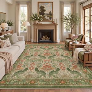 8x10 Green & Orange Vintage Floral Area Rug, Washable for Living Room