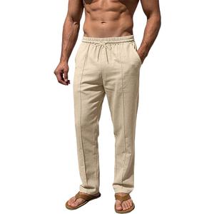 TAFLE Men’s Linen Pants Casual Beach Yoga Pants Elastic Waist Drawstring Straight Leg Loose Lightweight Trousers with Pockets Khaki