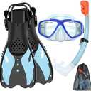 Youth Snorkel Set for Ages 7-16, Snorkeling Gear for Kids with Panoramic View Mask Anti-Fog Anti-Leak Full Dry Top Snorkel Fins Travel Bag for Swimming Diving